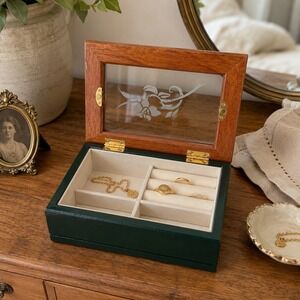 Vintage Glass Top Jewelry Box Wood Keepsake Box Ring Storage Vanity Decor